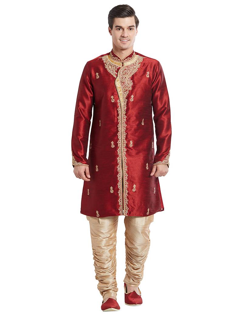 Maroon silk straight embroidery with handwork indisherwani for men's