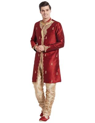 Maroon silk blend straight embroidery with handwork indisherwani for men's 2