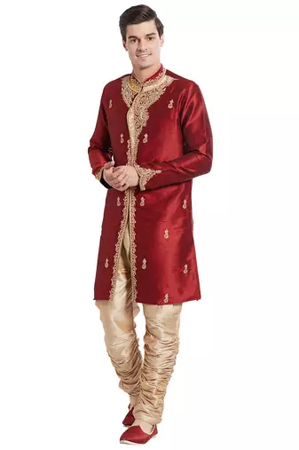 Maroon silk straight embroidery with handwork indisherwani for men's