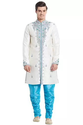 Cream silk straight embroidery with handwork indisherwani for men's