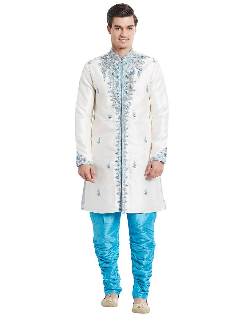 Cream silk straight embroidery with handwork indisherwani for men's
