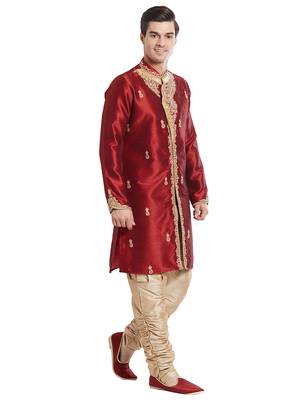 Maroon silk blend straight embroidery with handwork indisherwani for men's 3