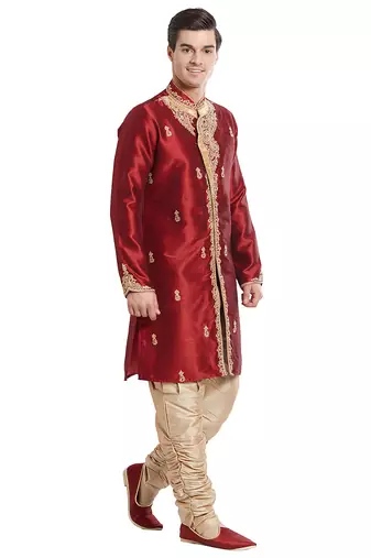 Maroon silk straight embroidery with handwork indisherwani for men's