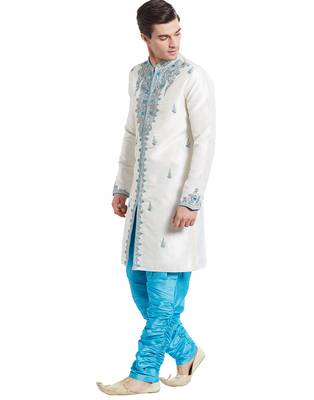 Cream silk blend straight embroidery with handwork indisherwani for men's 2