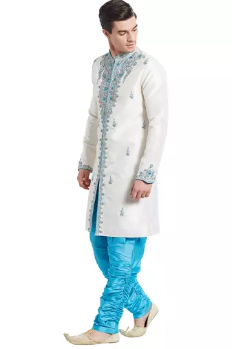 Cream silk straight embroidery with handwork indisherwani for men's