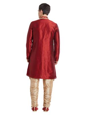 Maroon silk blend straight embroidery with handwork indisherwani for men's 4