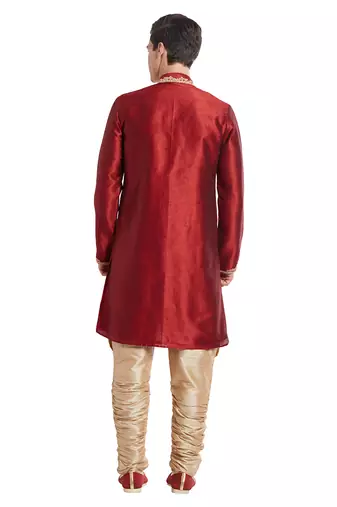 Maroon silk straight embroidery with handwork indisherwani for men's