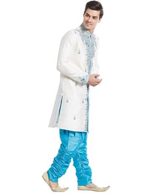 Cream silk blend straight embroidery with handwork indisherwani for men's 3