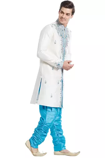 Cream silk straight embroidery with handwork indisherwani for men's