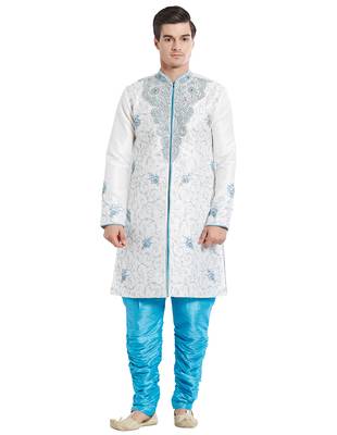 Cream silk blend straight embroidery with handwork indisherwani for men's 1