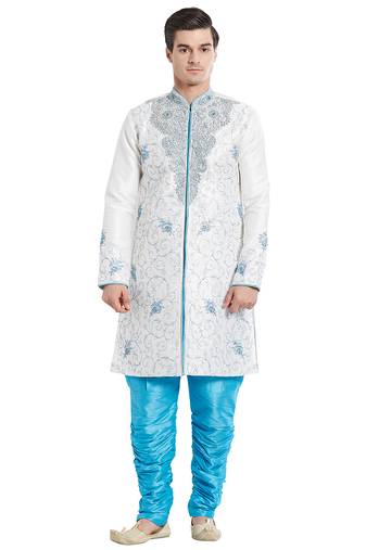 Cream silk straight embroidery with handwork indisherwani for men's