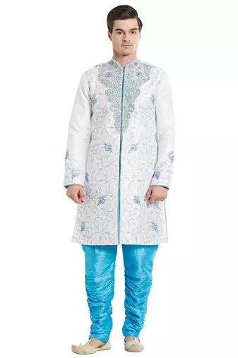 Cream silk straight embroidery with handwork indisherwani for men's