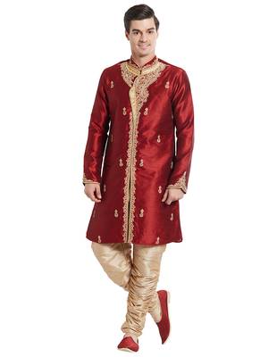 Maroon silk blend straight embroidery with handwork indisherwani for men's 5