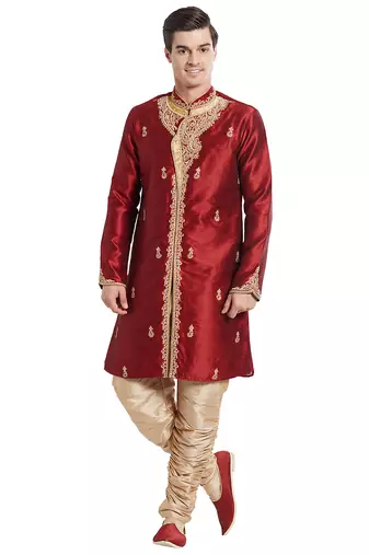 Maroon silk straight embroidery with handwork indisherwani for men's
