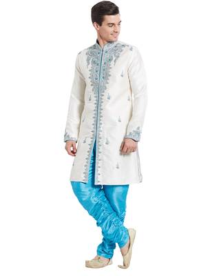 Cream silk blend straight embroidery with handwork indisherwani for men's 5