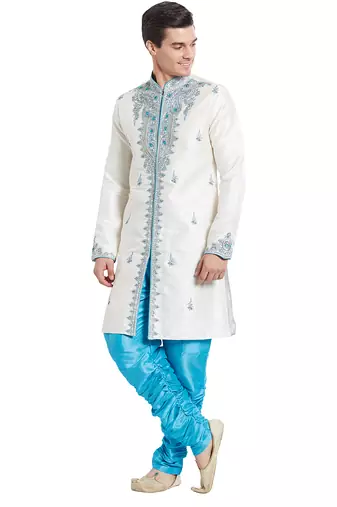 Cream silk straight embroidery with handwork indisherwani for men's