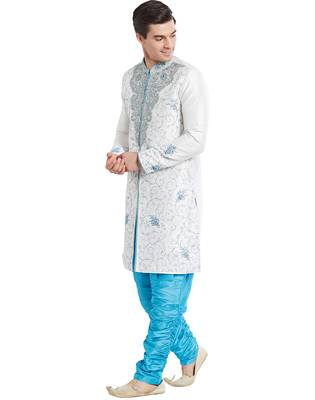 Cream silk blend straight embroidery with handwork indisherwani for men's 2