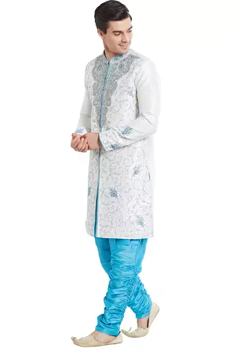 Cream silk straight embroidery with handwork indisherwani for men's