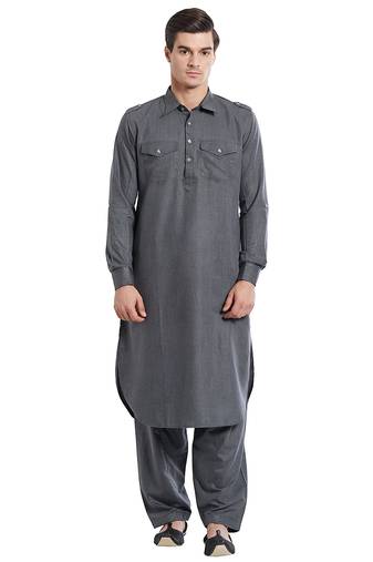 Dark grey coton straight plain pathani for men's