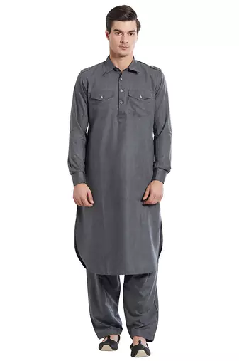 Dark grey coton straight plain pathani for men's