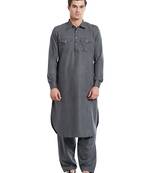 Dark grey coton straight plain pathani for men's