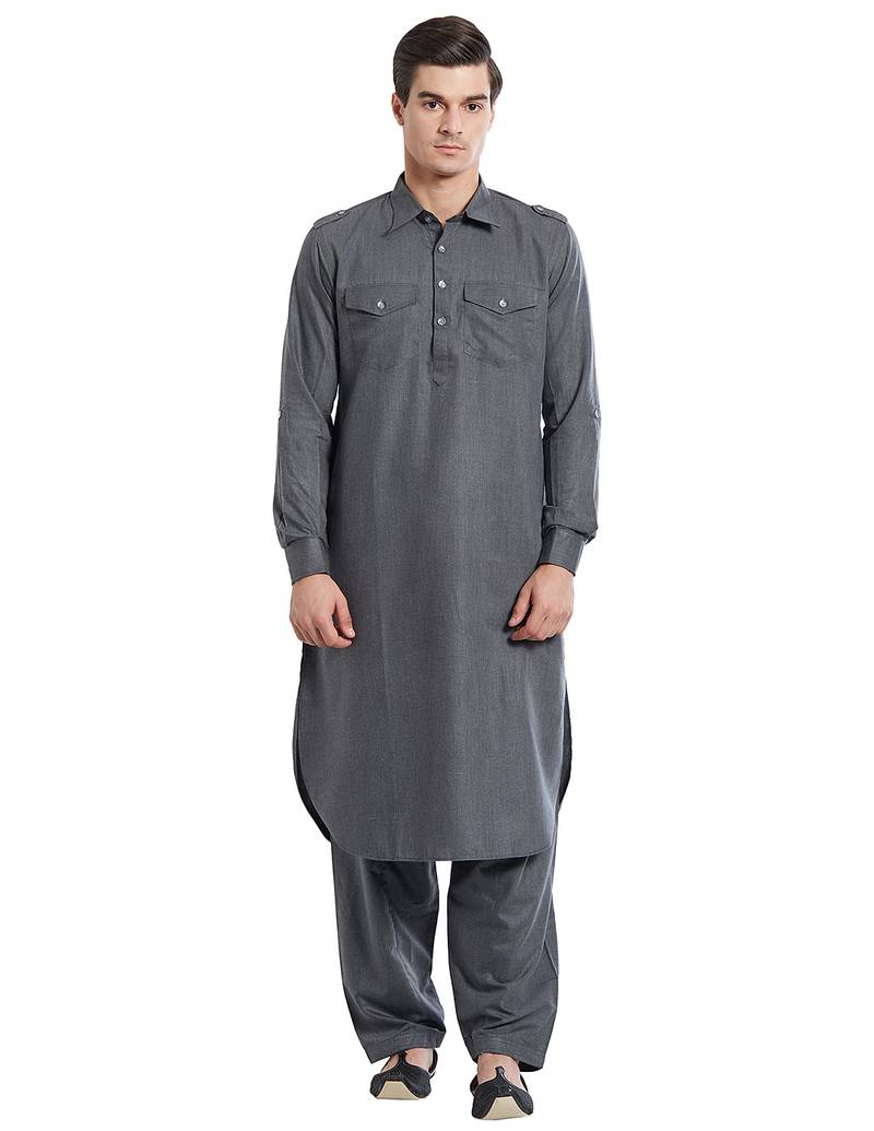 Dark grey coton straight plain pathani for men's