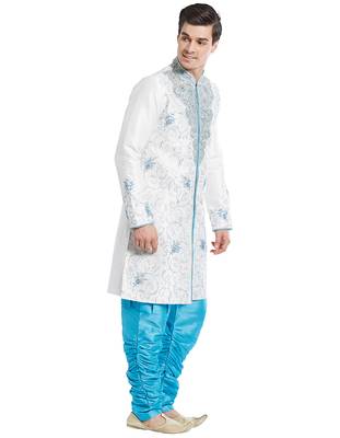 Cream silk blend straight embroidery with handwork indisherwani for men's 3