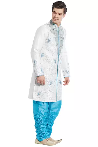 Cream silk straight embroidery with handwork indisherwani for men's