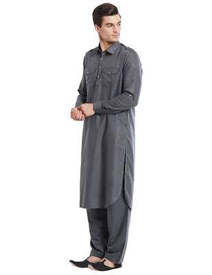 Dark grey coton straight plain pathani for men's 2