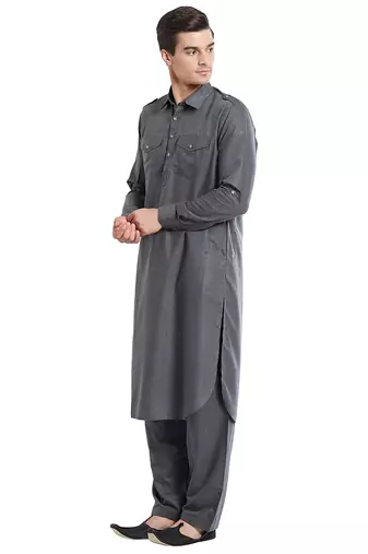 Dark grey coton straight plain pathani for men's