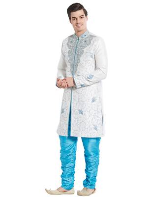 Cream silk blend straight embroidery with handwork indisherwani for men's 5