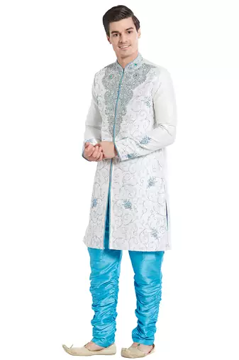 Cream silk straight embroidery with handwork indisherwani for men's
