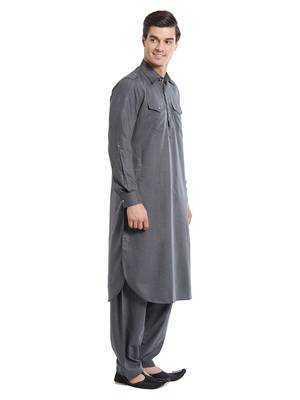 Dark grey coton straight plain pathani for men's 3