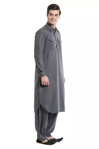 Dark grey coton straight plain pathani for men's
