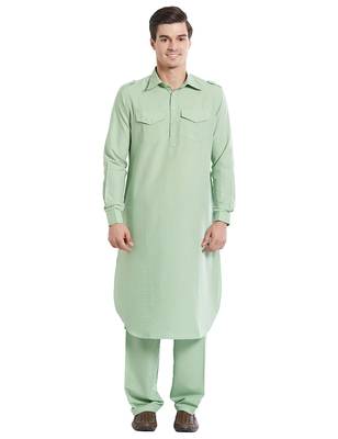 Sea green coton straight plain pathani for men's 1