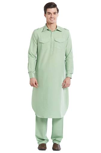 Sea green coton straight plain pathani for men's