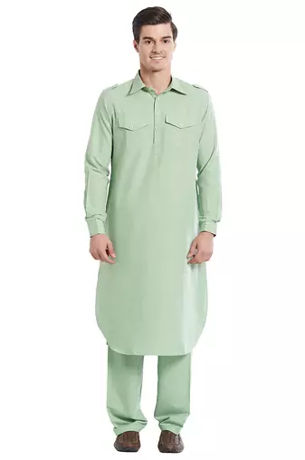 Sea green coton straight plain pathani for men's