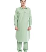 Sea green coton straight plain pathani for men's