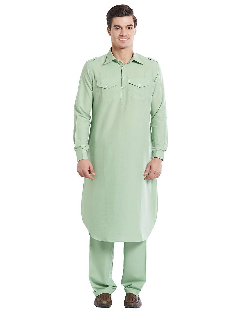 Sea green coton straight plain pathani for men's