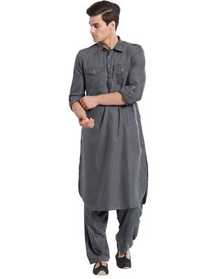 Dark grey coton straight plain pathani for men's 5