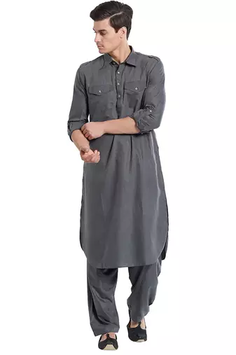 Dark grey coton straight plain pathani for men's