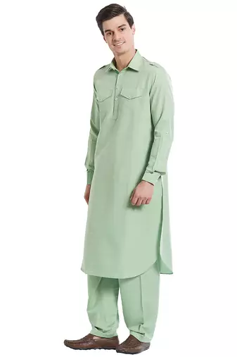 Sea green coton straight plain pathani for men's