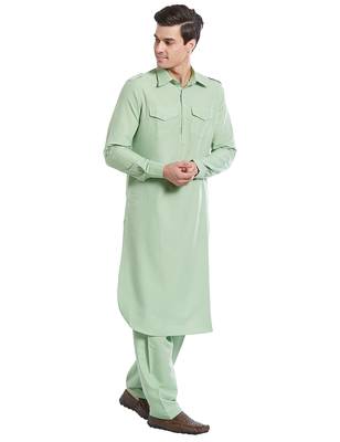 Sea green coton straight plain pathani for men's 3