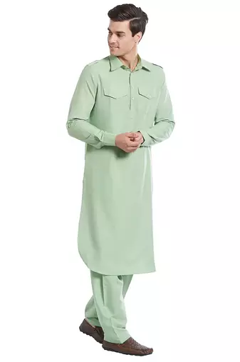 Sea green coton straight plain pathani for men's