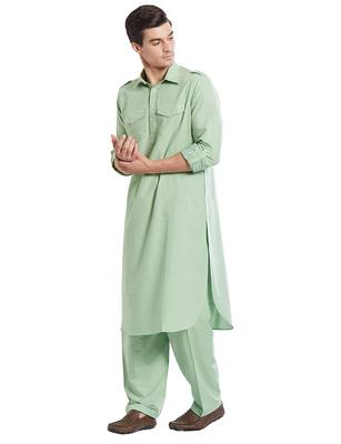 Sea green coton straight plain pathani for men's 5