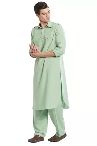 Sea green coton straight plain pathani for men's
