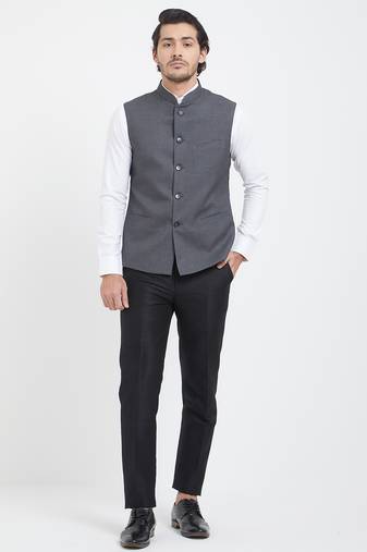 Grey cotton straight plain nehru jacket for men's
