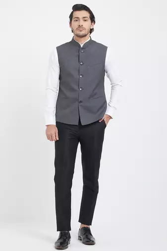 Grey cotton straight plain nehru jacket for men's