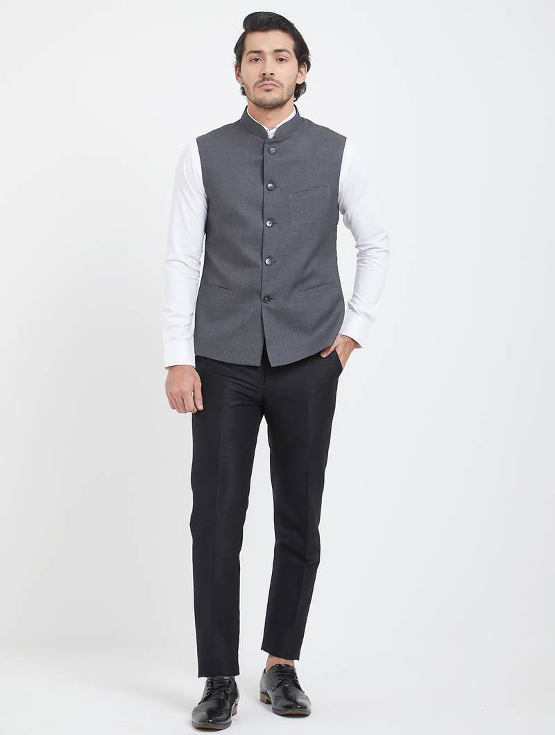 Grey cotton straight plain nehru jacket for men's