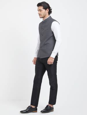 Grey cotton straight plain nehru jacket for men's 2